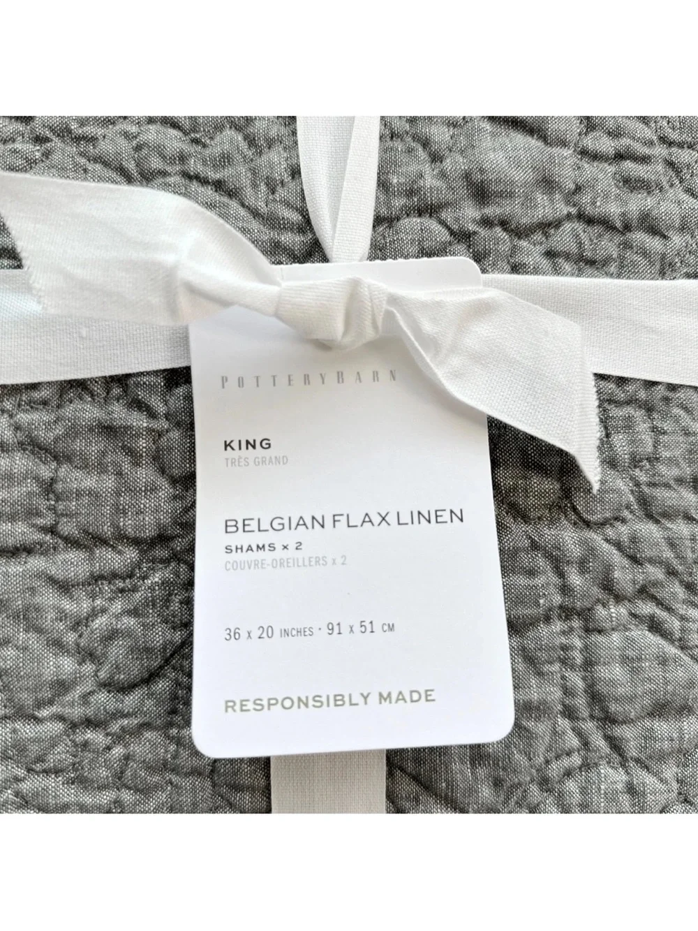 2 NEW Pottery Barn Belgian Flax Linen Floral Quilted KING Pillow SHAMS Gray $159